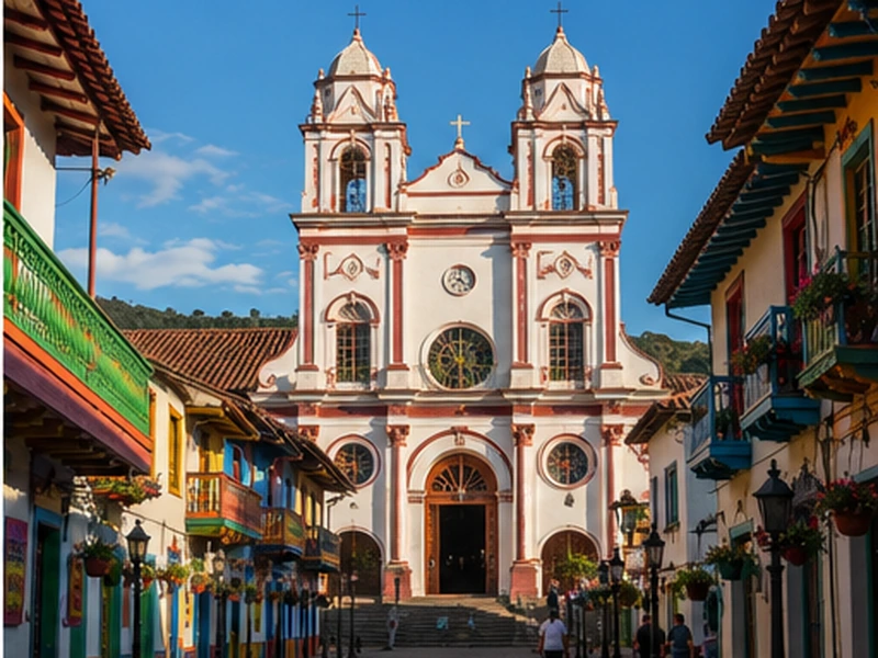 Colonial church facade on a colorful Colombian town plaza in bright morning light