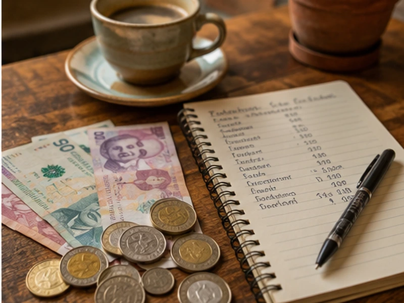 Colombian pesos, coffee and a travel budget notebook on a rustic café table