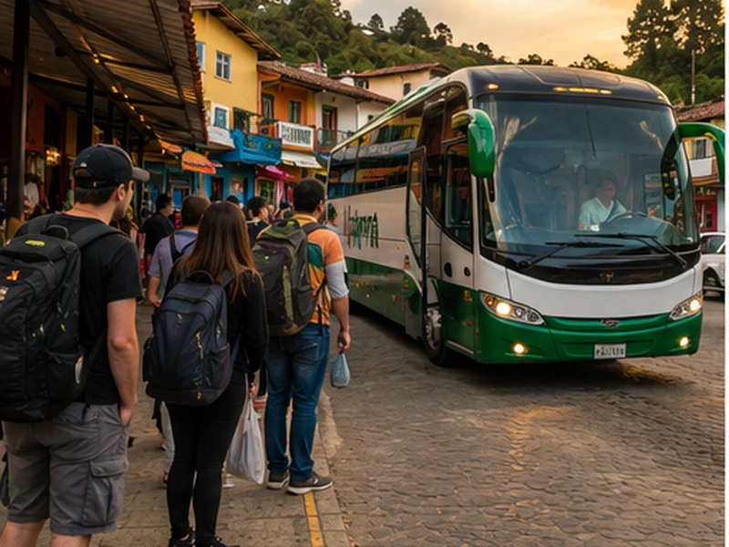 Green and white Colombian intercity bus picking up travelers at the Guatapé stop at dusk