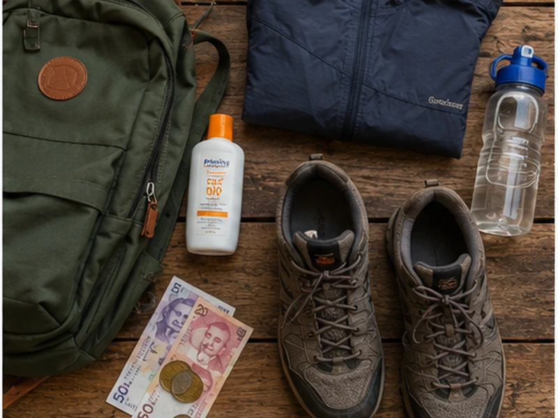 Flat-lay of Guatapé day-trip essentials: backpack, sunscreen, rain jacket, hiking shoes and water bottle