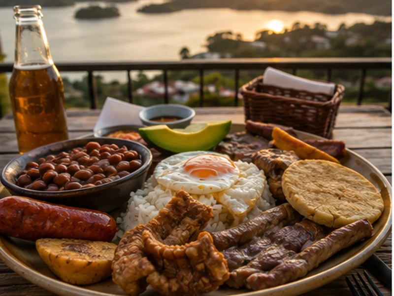Bandeja paisa platter served on a lakefront restaurant terrace above the Guatapé reservoir