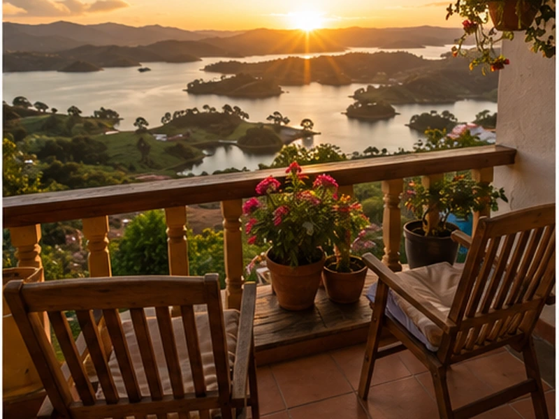 Guesthouse balcony with wooden chairs and flowers overlooking the Guatapé reservoir at sunset